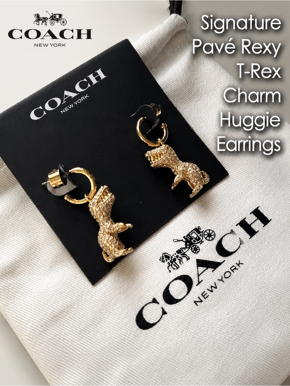 Coach 𝐍𝐖𝐓 Signature Pavé Rexy T-Rex Charm Huggie Earrings